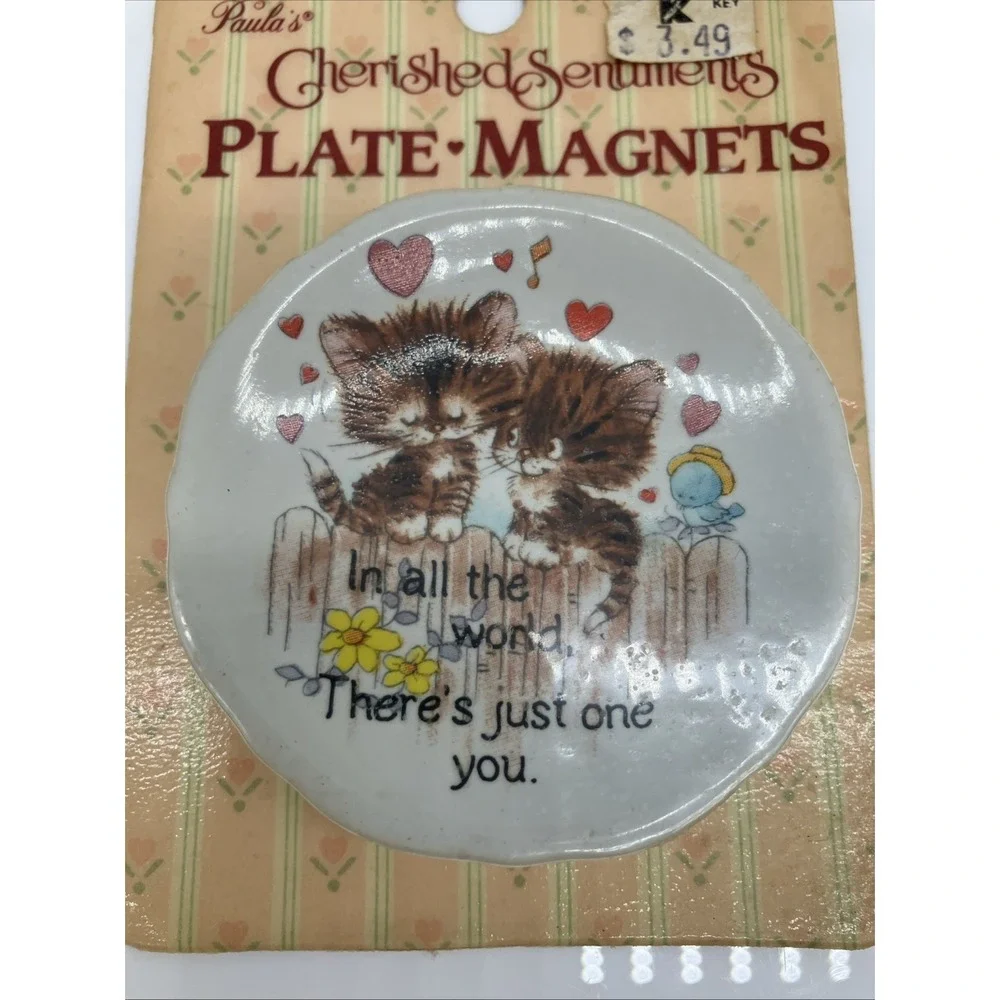 Vtg. Cherished Sentiments Plate Fridge‎ Magnet Cats Love Hearts Kitschy NOS